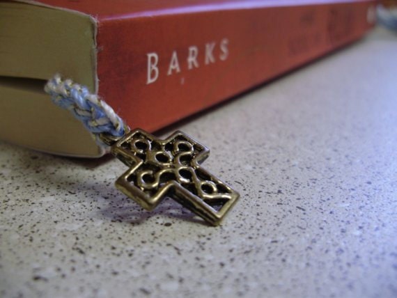 Powder Blue and White Crochet Book Thong with Bronze Filigree Cross - Great gift for Christian or Catholic reader
