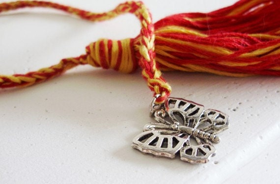Candy Apple Red and Sunflower Yellow Crochet Book Thong with Silver Butterfly Filigree Charm - Spring bookmarker