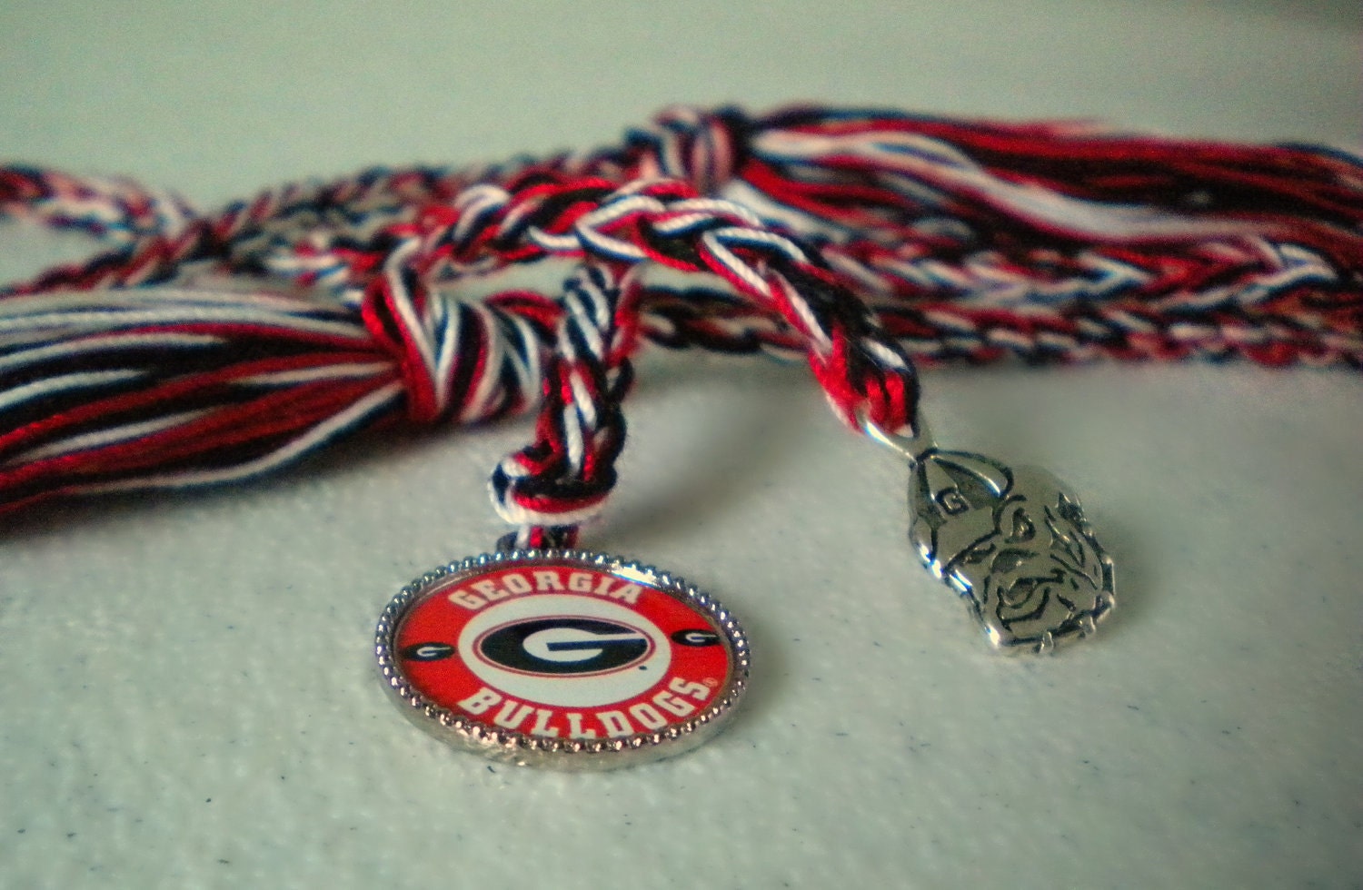 University of Georgia Bulldogs Crochet Bookmarker - Red White & Black Book Thong with Silver Charm - Great gift for alumni or students