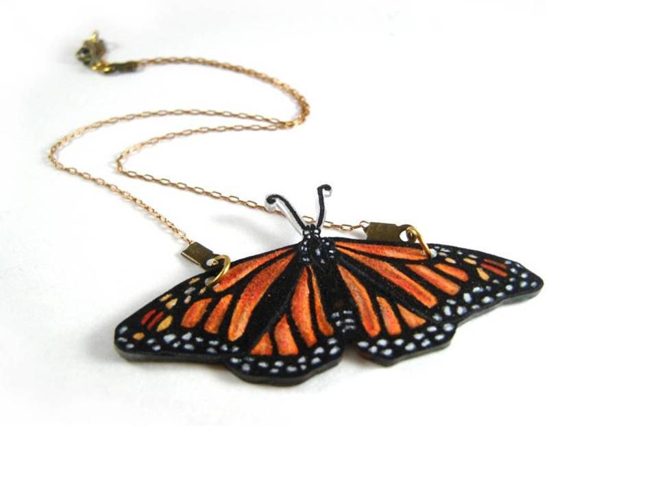 Monarch Butterfly Necklace, Shrink Plastic Jewelry, Insect, Entomology, Orange and Black, Wearable Art - PeriwinkleNuthatch