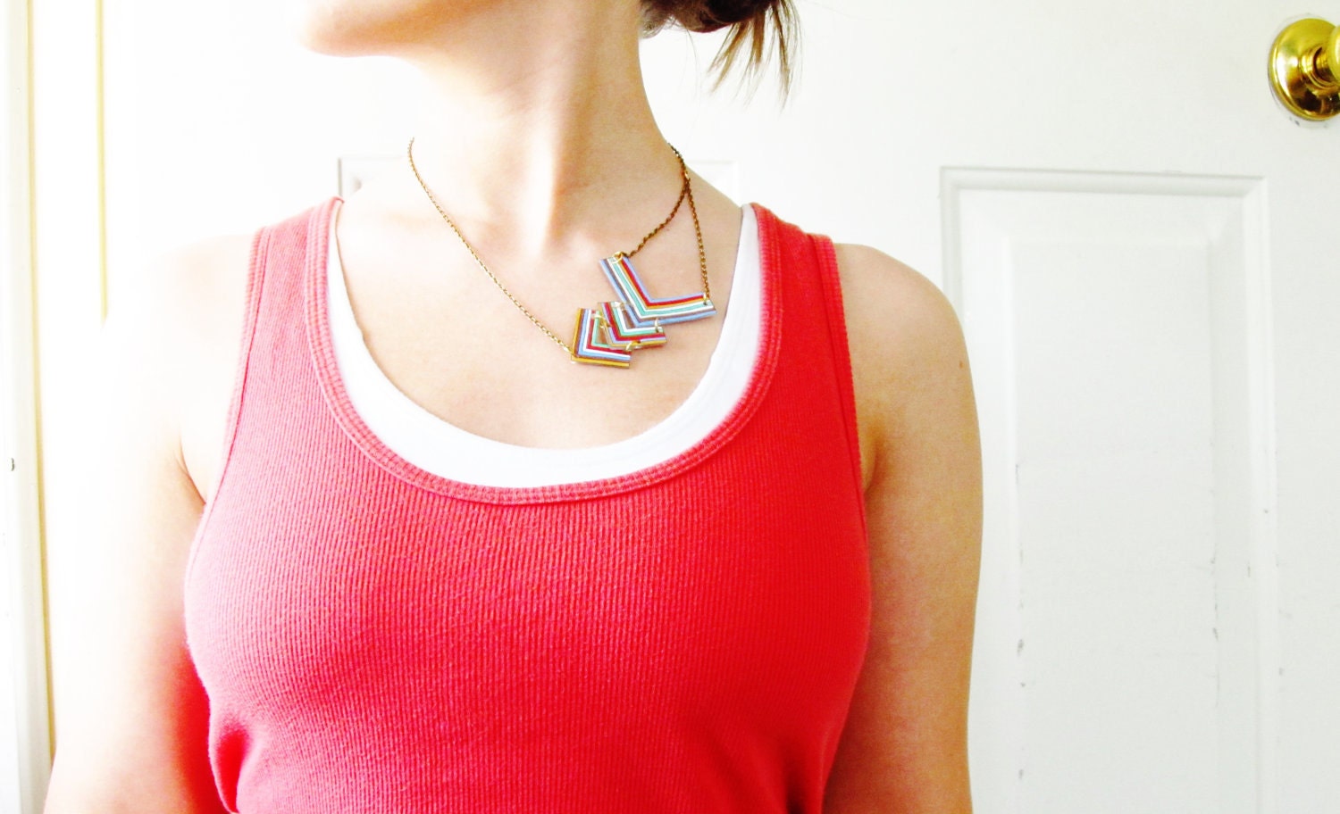 Striped Chevron Necklace / Shrink Plastic Necklace / Off Centered / Three Arrows / Rainbow Striped / Wearable Art - PeriwinkleNuthatch