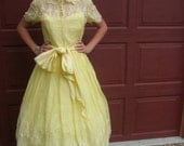 1950s Prom Dress Vintage/Princess Grace Wedding Dress Style/ Full circle Skirt/ Yellow flocked organza/women/womens/vintage prom dress