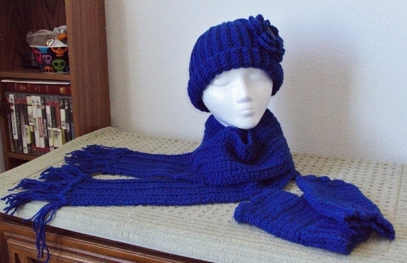 Crochet Royal Blue Winter Set - Hat, Scarf, & Fingerless Gloves