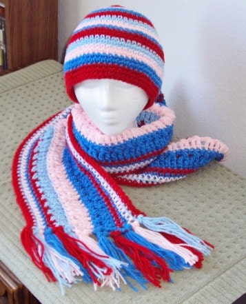 Crochet Beanie Hat & Extra Long Fringed Striped Scarf Set