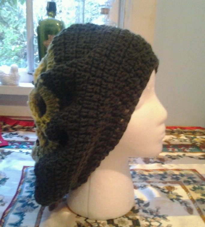 Beaded Crochet Slouchy Beret Hat With Flower Motif - OOAK