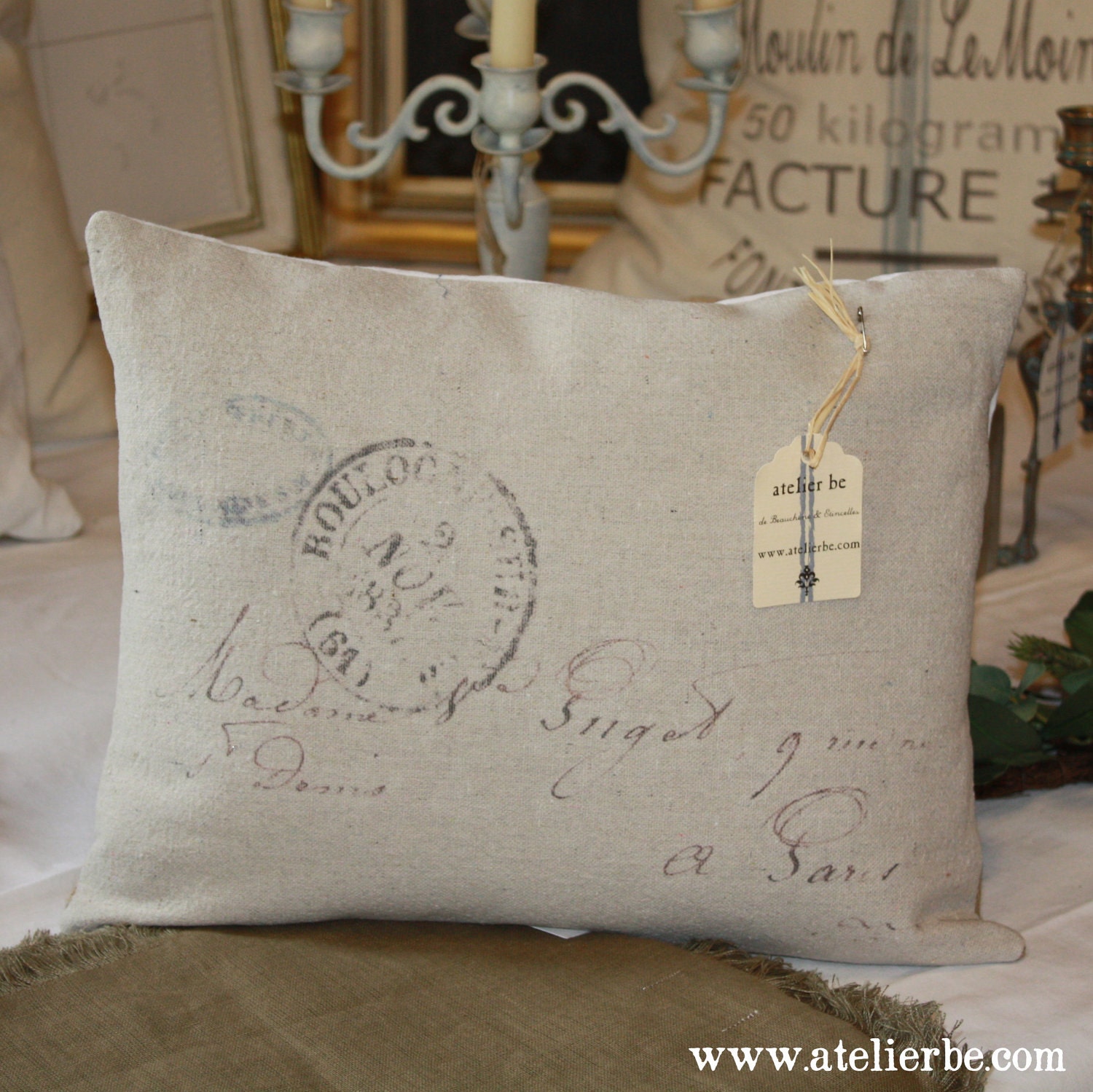 French Country Postcard Linen Grain Sack Pillow