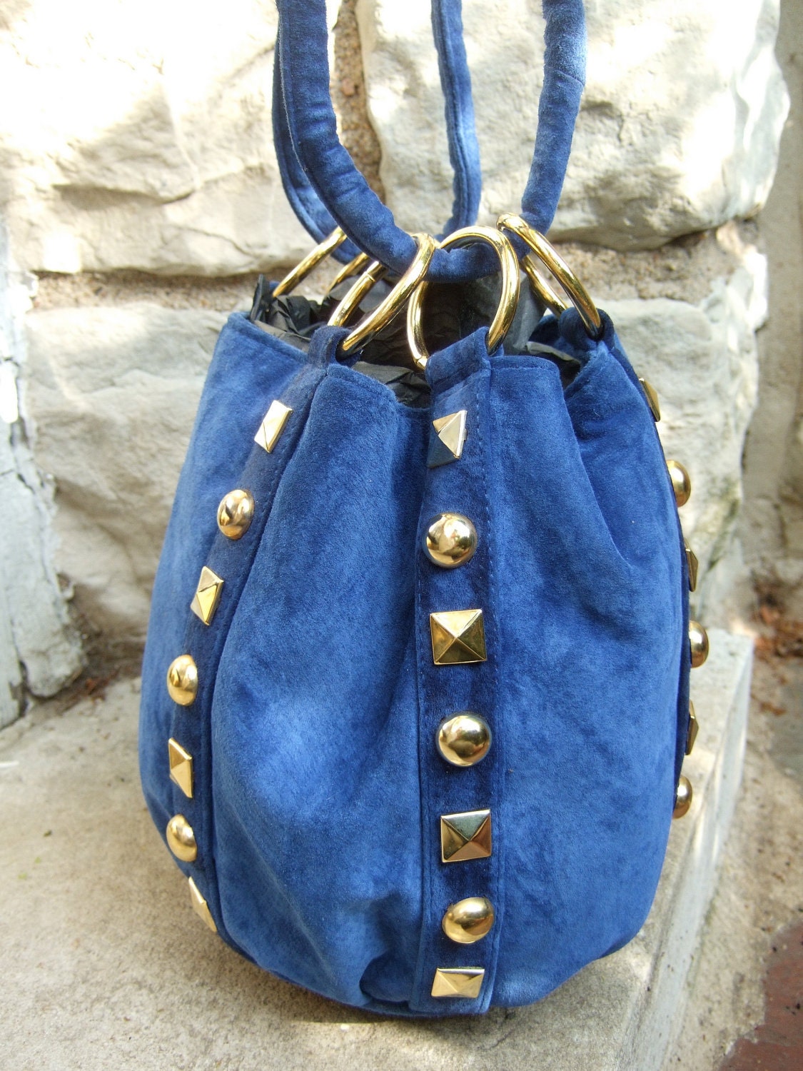 Vintage Cobalt Blue Suede Grommet Embellished Handbag