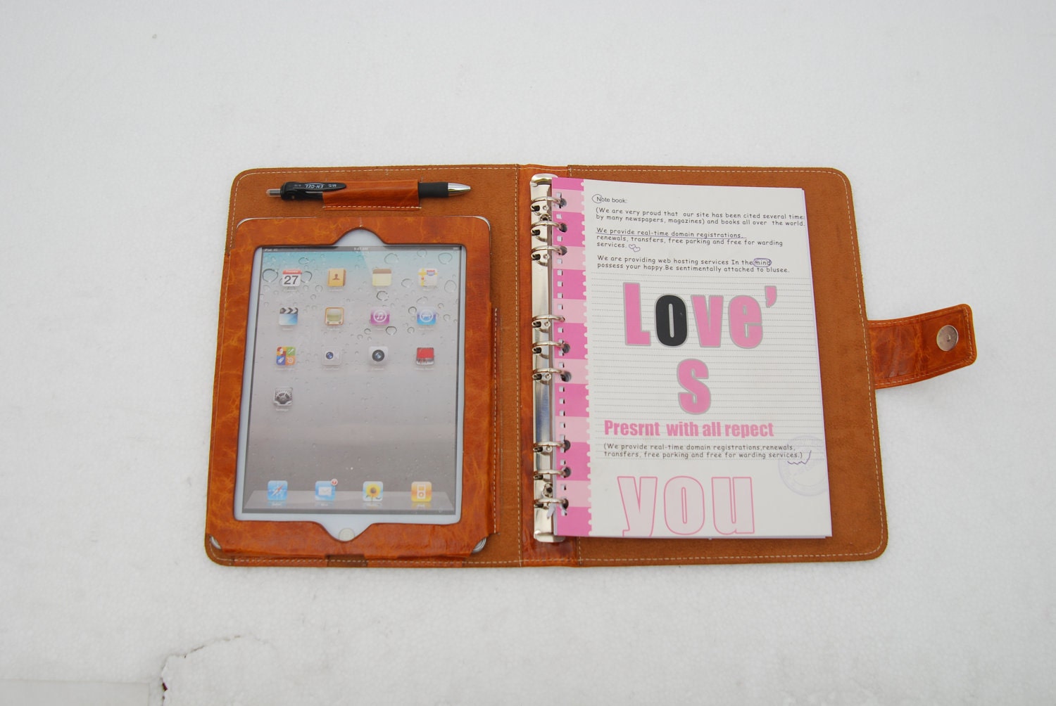 Item No: 9003 Top grain leather simple portfolio with binder for notebook and calendar & case for iPad1,iPad2,iPad3 in bright Orange