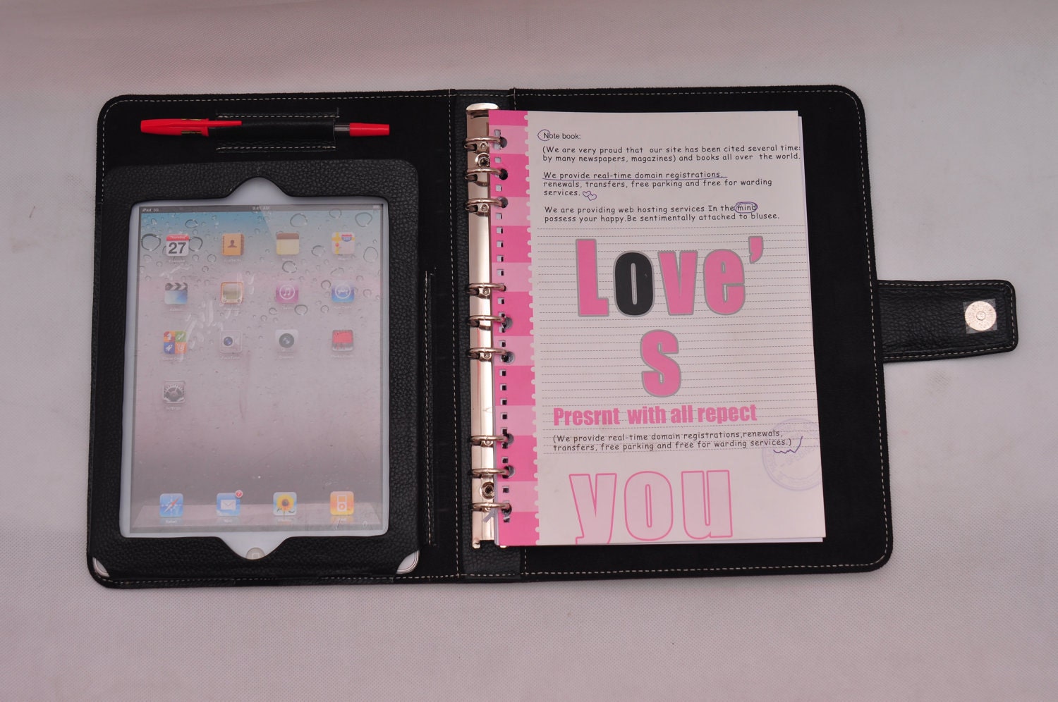 Item No.:9000 Top grain leather simple portfolio with binder for notebook and calendar & iPad case for iPad1, iPad2, iPad3 in Black