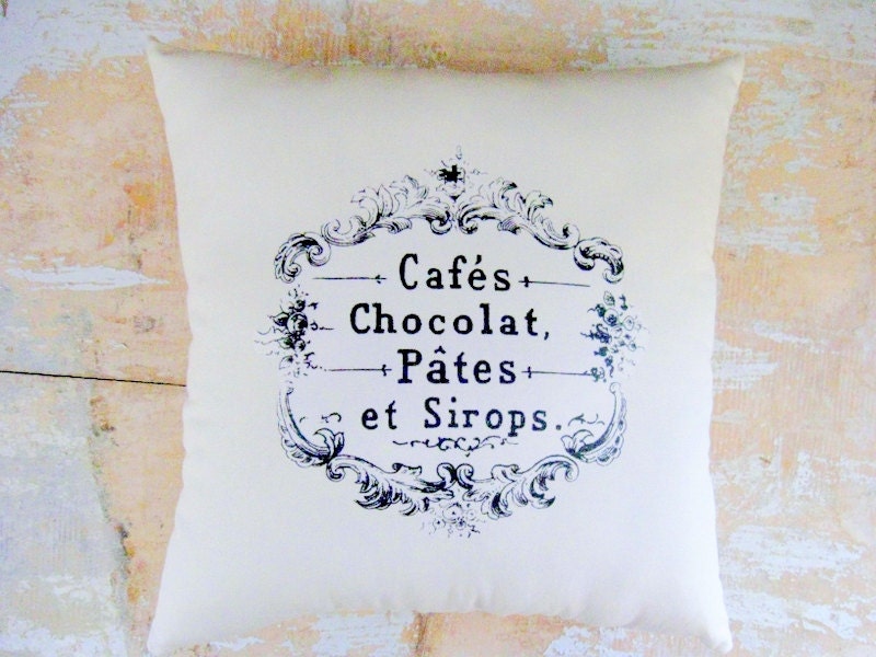 French Chocolate Pillow, Paris, Cafe, French Country Home, Cottage Decor, French Decor, Home Decor, Decorative Pillows