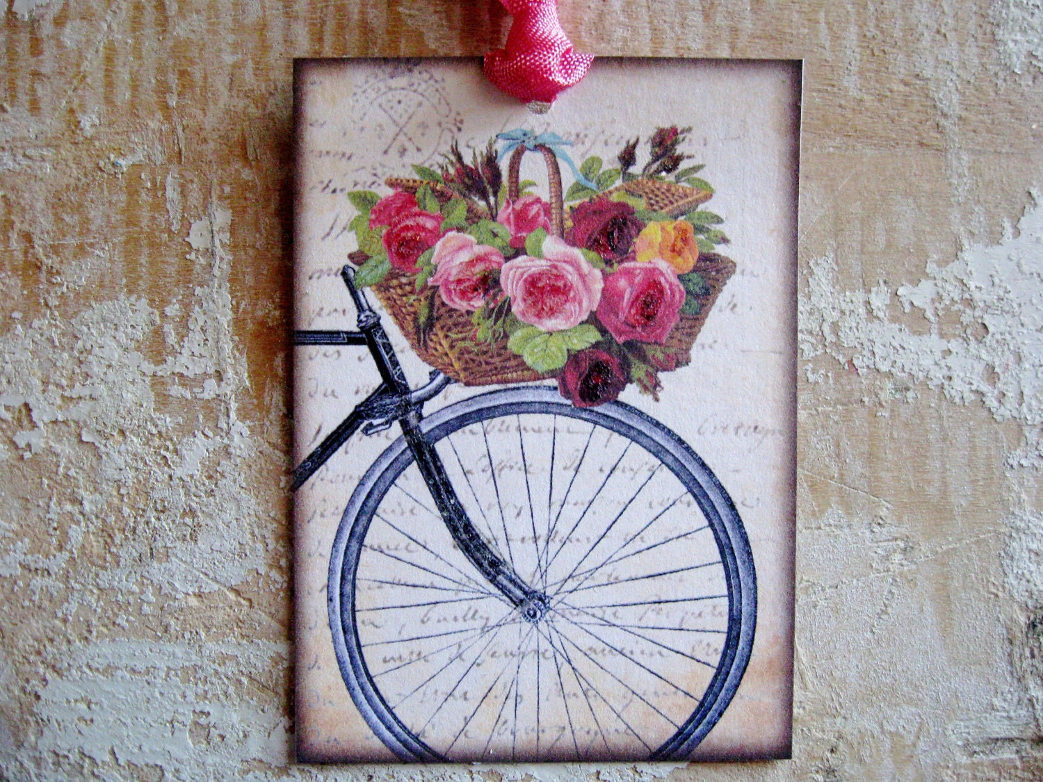 Gift Tag, Bicycle, French Country, Roses, French Postcard