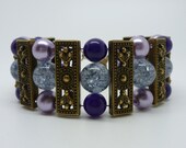 Antique Bronze Cuff - Grey Glass Crackle Beads & Purple Pearls - Russian Amethyst Gemstone Bracelet - "Purple Rain"