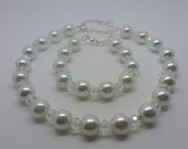 Bridal Jewellery - Matching Choker Set - Silver Plated Necklace & Bracelet - White Glass Pearls - Clear Multifaceted Crystals -"Snow Drops"
