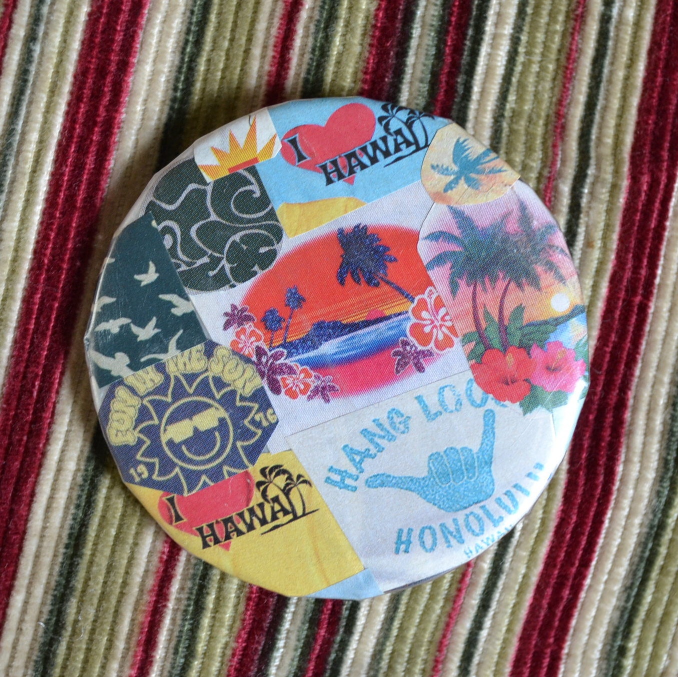Handmade Collage Pinback Button 2 1/4 inch. I heart Hawaii Hang Loose Palm Trees. Unique. Gift One of a Kind OOAK Ready to Ship Eco Friendly