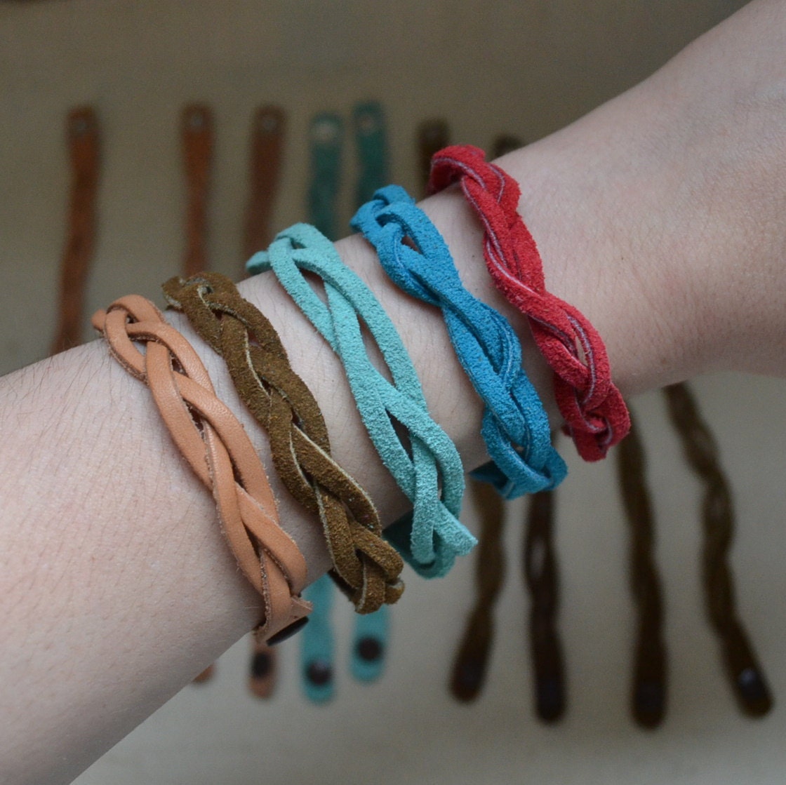Vintage Leather Bracelet Mystery Braid Choice- Red Turquoise Brown or Tan Colored Suede Braided w/ Metal Snap. Eco Friendly Shipping
