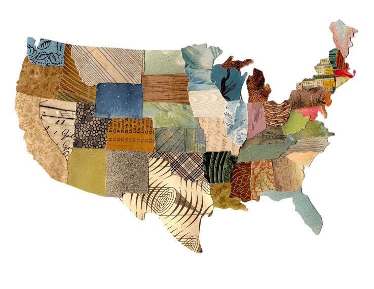 U.S. map contiguous, United States map, cut paper US map, collage US map, mixed media US map