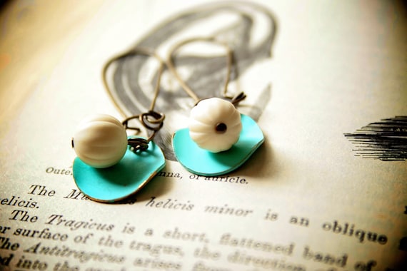 Teal and White Kidney Earrings