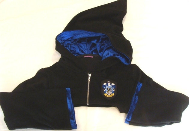 Ravenclaw Wizard Shrug - Black Fleece with Fully Lined Pixie Hood and Zip Front - s/m or l/xl - MADE TO ORDER