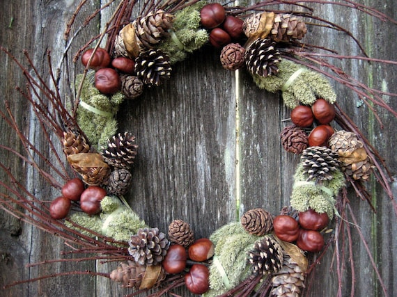 Automnal wreath Natural Wreath - Twiggy Green Symphony - with Chestnuts, Evergreen Cones, Cherry Branches & Millet