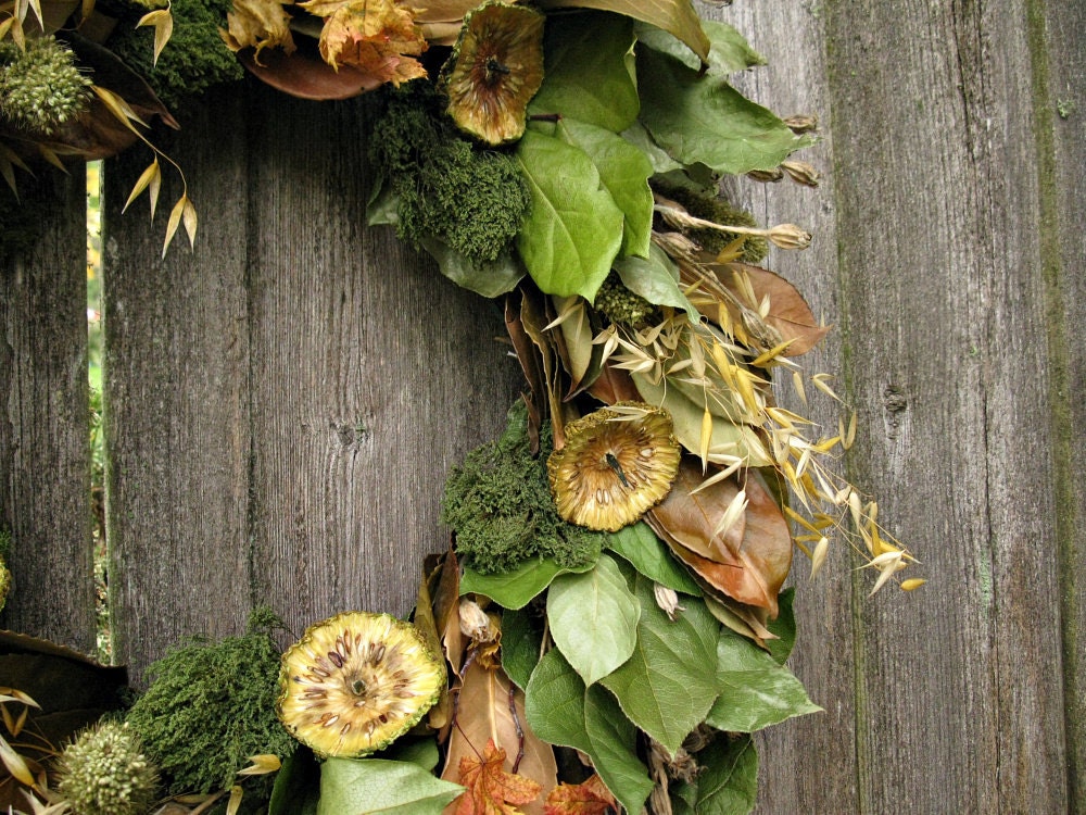 Natural Wreath - Orange Blossom - with Osage Orange, Oats, Vine Maple, Millet, Rose Campion, Pom Pon, Lemon leaf, and Laurel