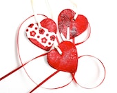 Favor Gift Ornament  - clay, papier mache, heart , for Wedding, Valentines Day, Holiday, on a satin ribbon