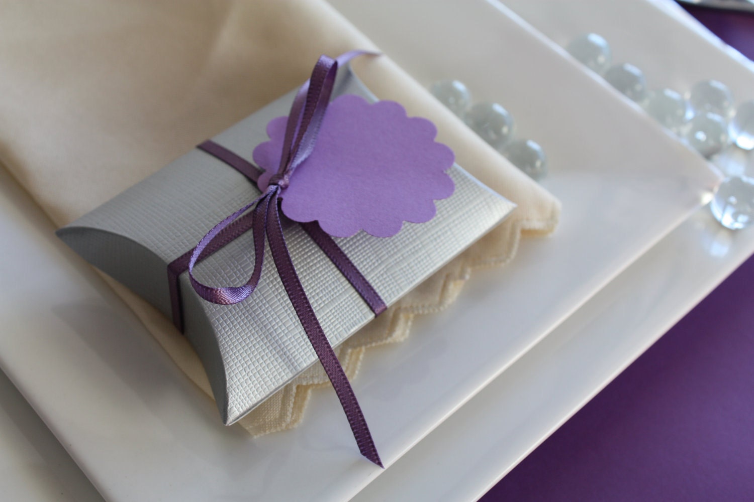 Pillow Favor Gift Box - Lined Silver favor box with ribbon and tag.