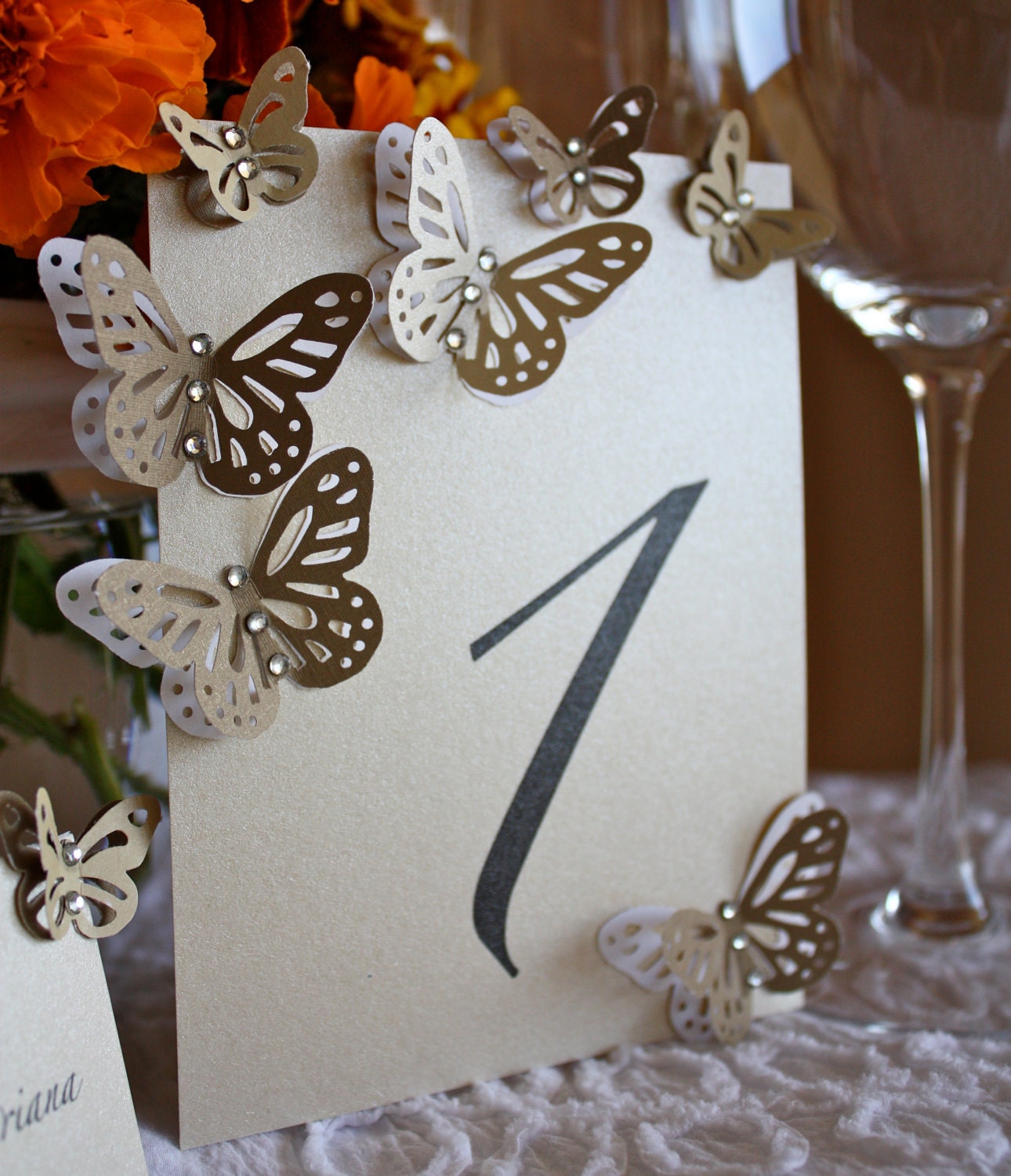 Pearl Table Numbers Card Table Tag with Butterflies and Crystals