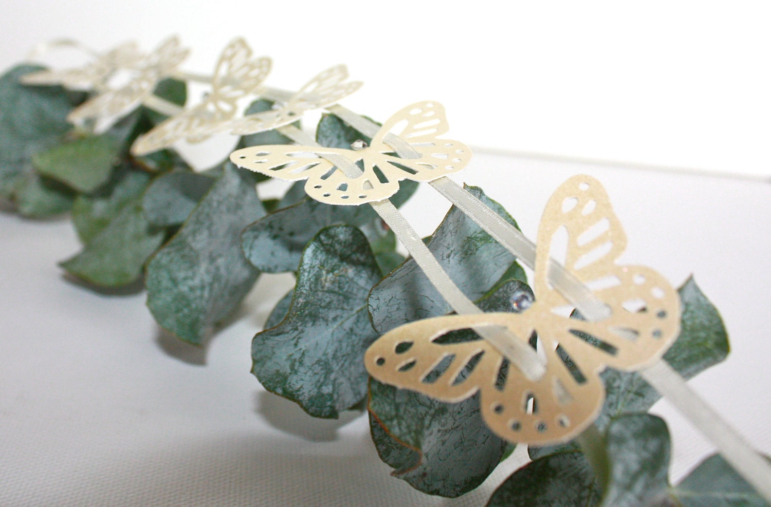 Butterfly Garland Ornament, centerpiece decor for Wedding, Christmas, Holiday, Paper on a satin ribbon, with crystals