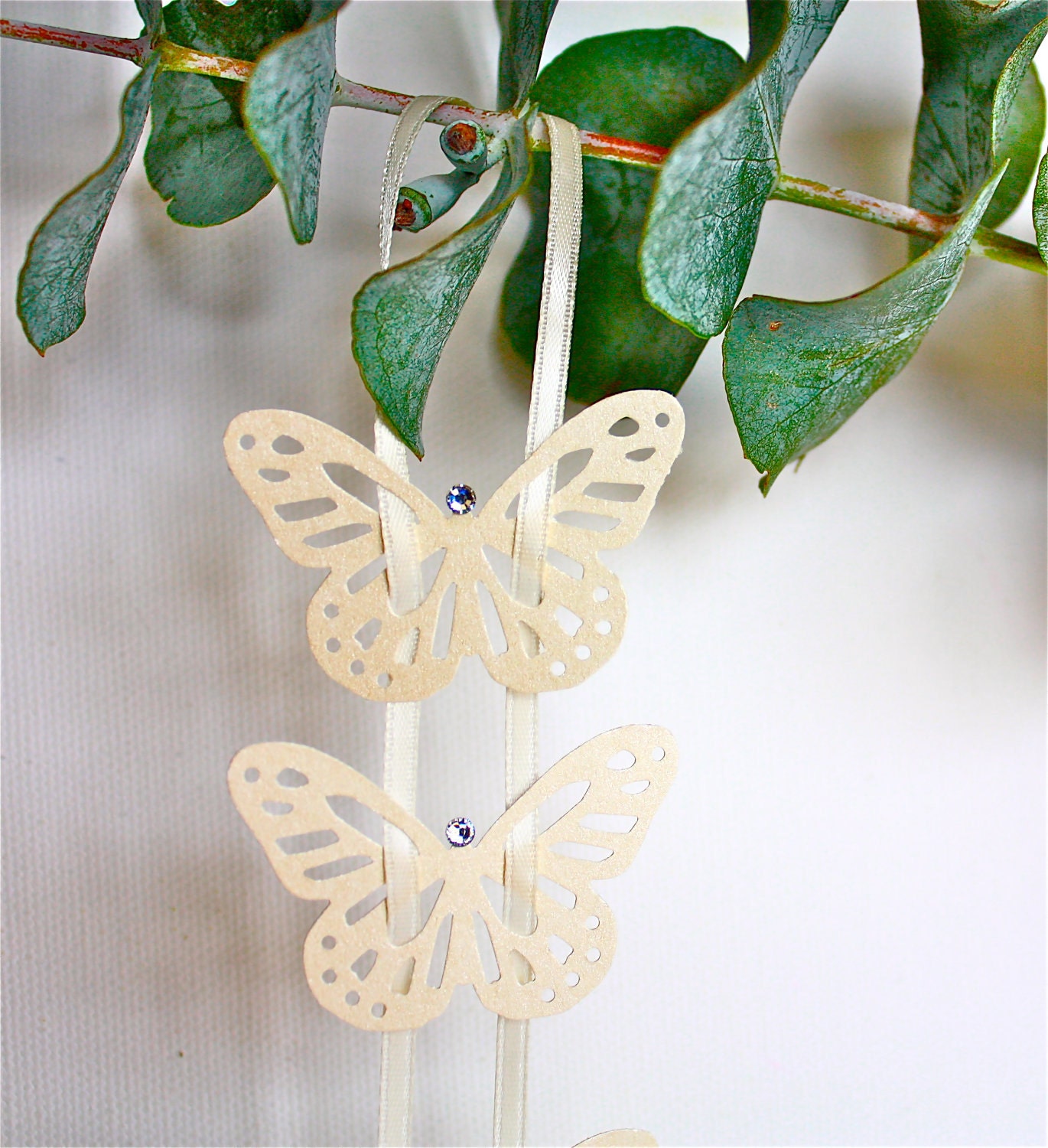 Butterfly Garland Ornament, centerpiece decor for Wedding, Christmas, Holiday, Paper on a satin ribbon, with crystals