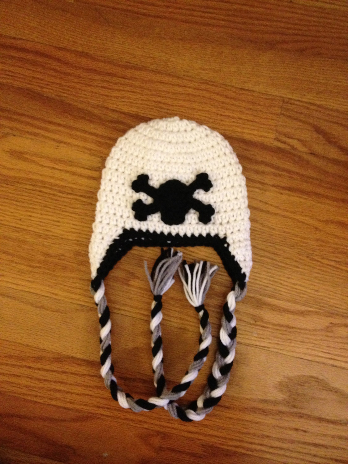 Skull and Crossbones Baby Newborn Punk Rock Hat With Braided Tassels Crochet