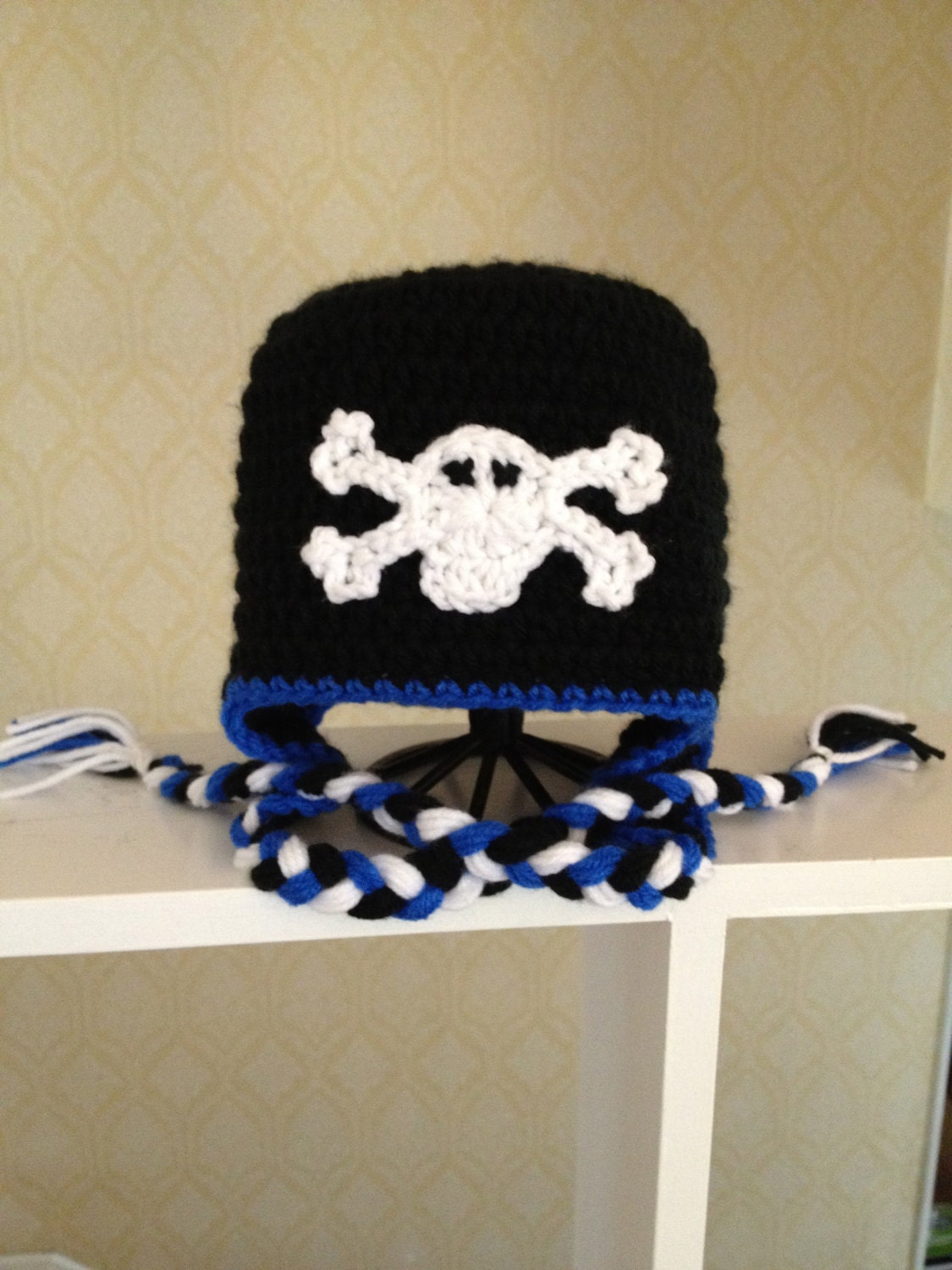 Skull and Crossbones Baby Punk Hat With Braided Tassels Crochet Made to Order