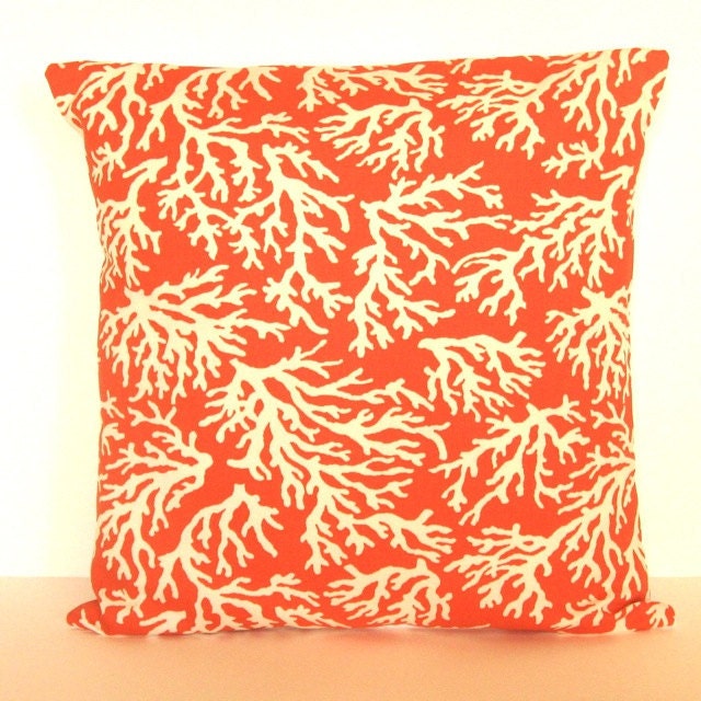 Decorative Throw Pillow Cover - Outdoor / Indoor Pillow - 18"x18" or various sizes - Coral Reef - Mandarin and Light Cream