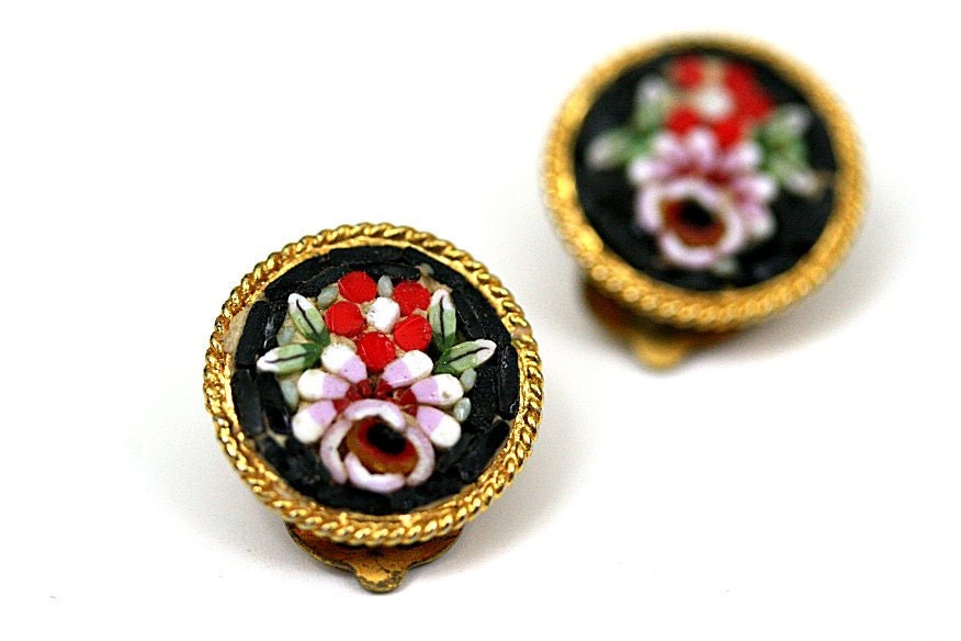 Vintage '50s Micromosaic Floral Earrings, Black Clip Ons