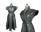40s / 50s Tafetta Cocktail Dress, Gray & Gold Metallic, M / L