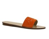 Size 8 Vintage Saks Fifth Avenue Suede Sandals, Tangerine Orange with Rhinestones