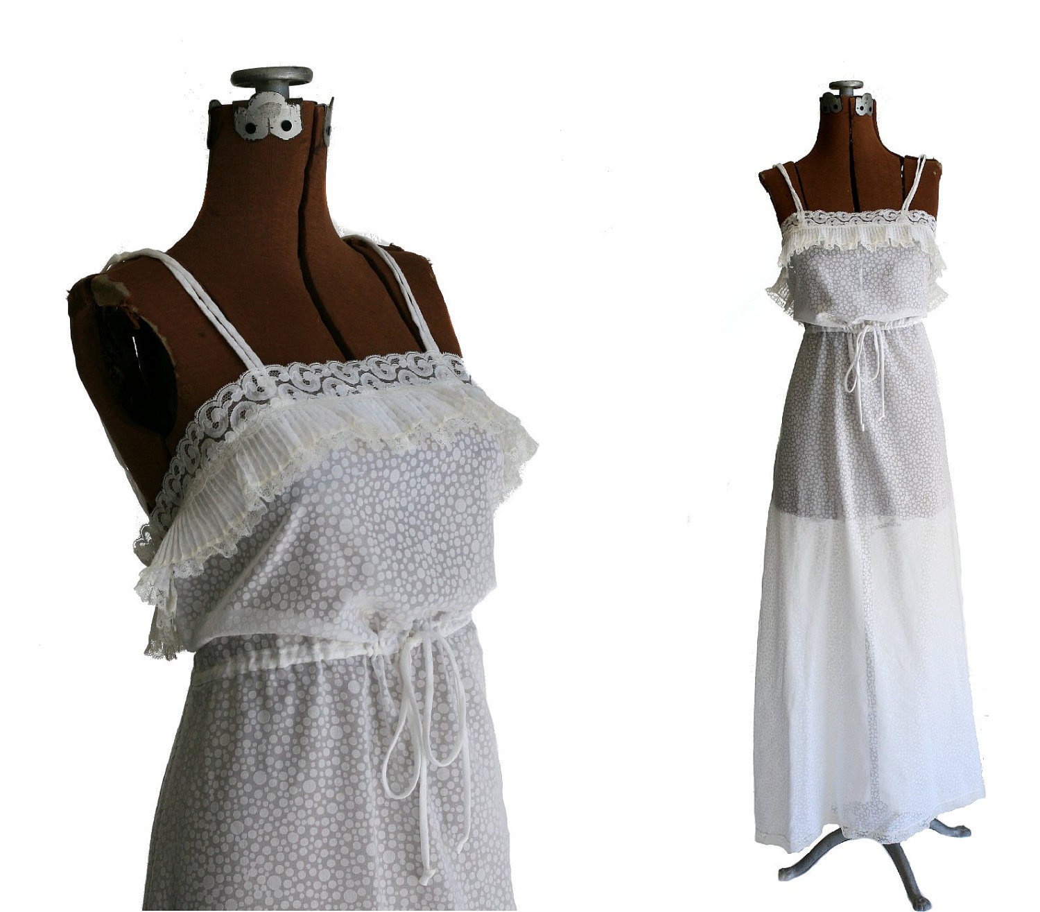 Authentic Vintage Chloe Nightgown, Long White Polka Dots, 1970s Small, Designer