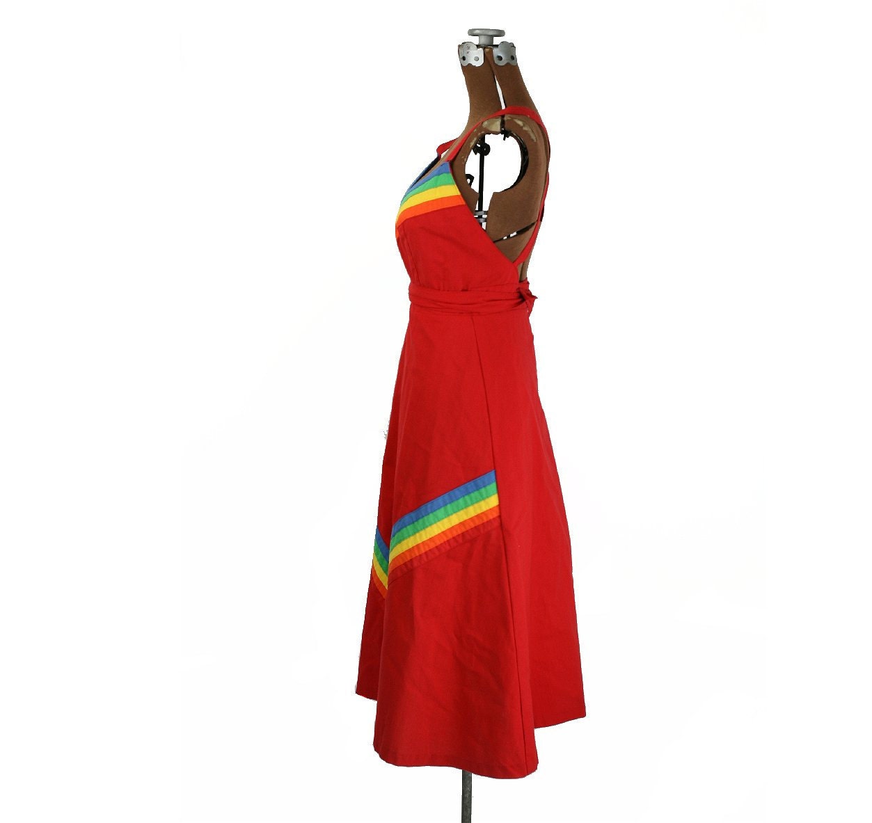 1970s Vintage Cotton Wrap Dress, Red with Rainbow Chevrons, Cotton XS - S