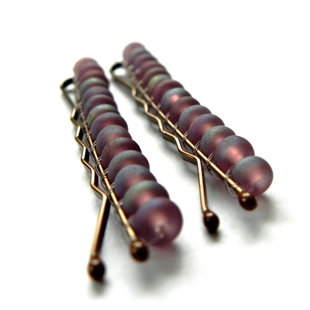 Beaded Bobby Pins: frosted purple glass hand beaded bobby pins for hair, gifts for her, hair accessories, girls, women
