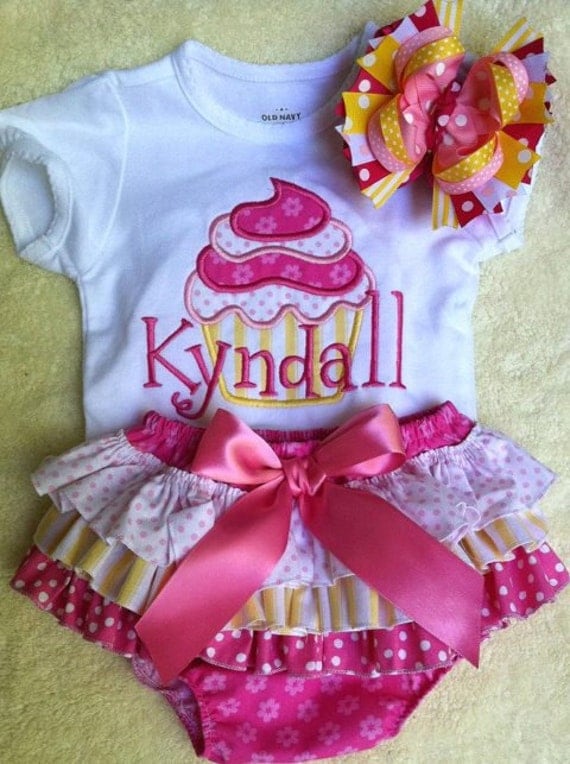 Custom Embroidered cupcake onesie, matching ruffle bloomers and OTT bow, YOU CHOOSE fabric colors