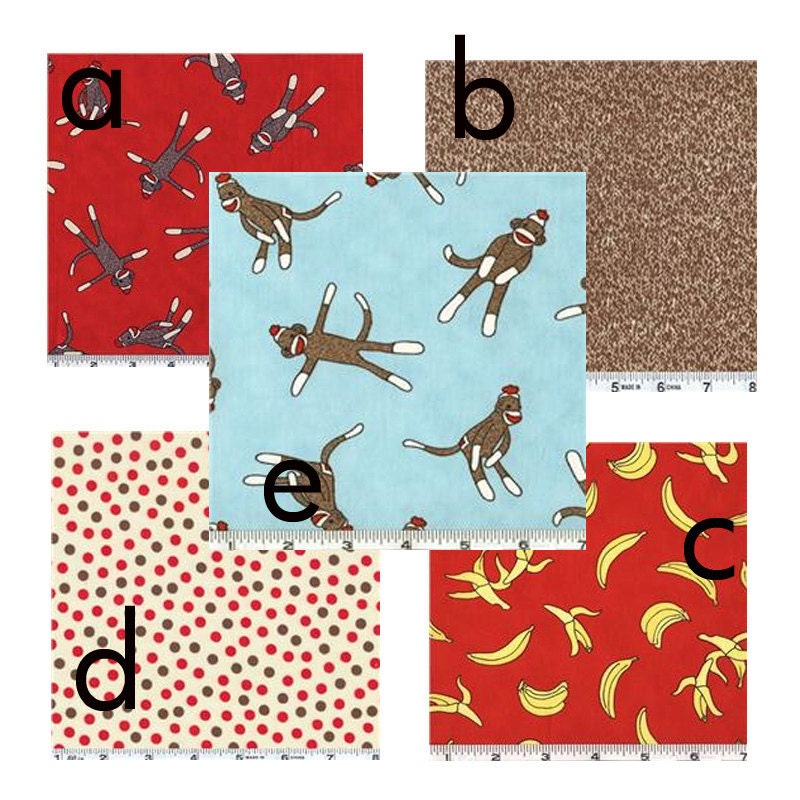 Custom 5 piece Baby Bedding Set--Three-paneled Crib skirt, bumper pads, and sheets (Funky Monkey)