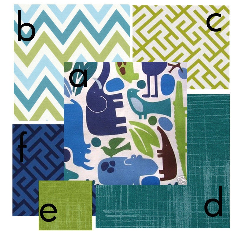 Custom 3 piece Baby Bedding Set--Crib skirt, bumper pads, and sheet (Alexander Henry 2d Zoo Combo)