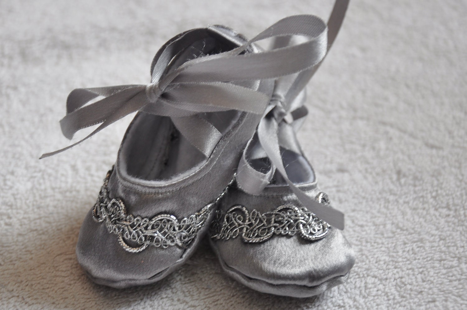 Sliver Satin Ballet Slippers with Silver Trim - Baby shoes - Toddlers shoes - Infant Shoes