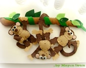 Fun Monkey Friends. 3D Wall hanging for nursery / kids' room. Felt.  Eco-Friendly. Made to order item.