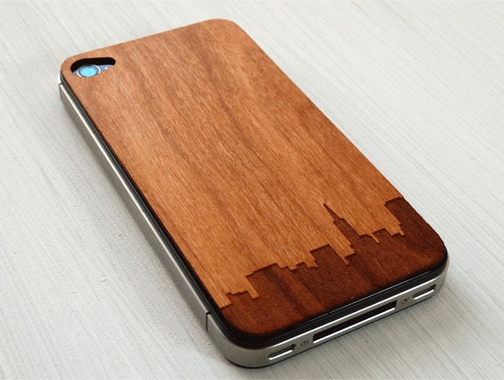 San Francisco Skyline Etching on Real Wood iPhone Skin Sticker