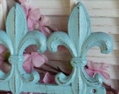 Aqua Blue Iron Fleur De Lis Wall Key Hanger Hooks Necklace Rack Organizer Shabby and Chic Parisian Chic Apartment Decor