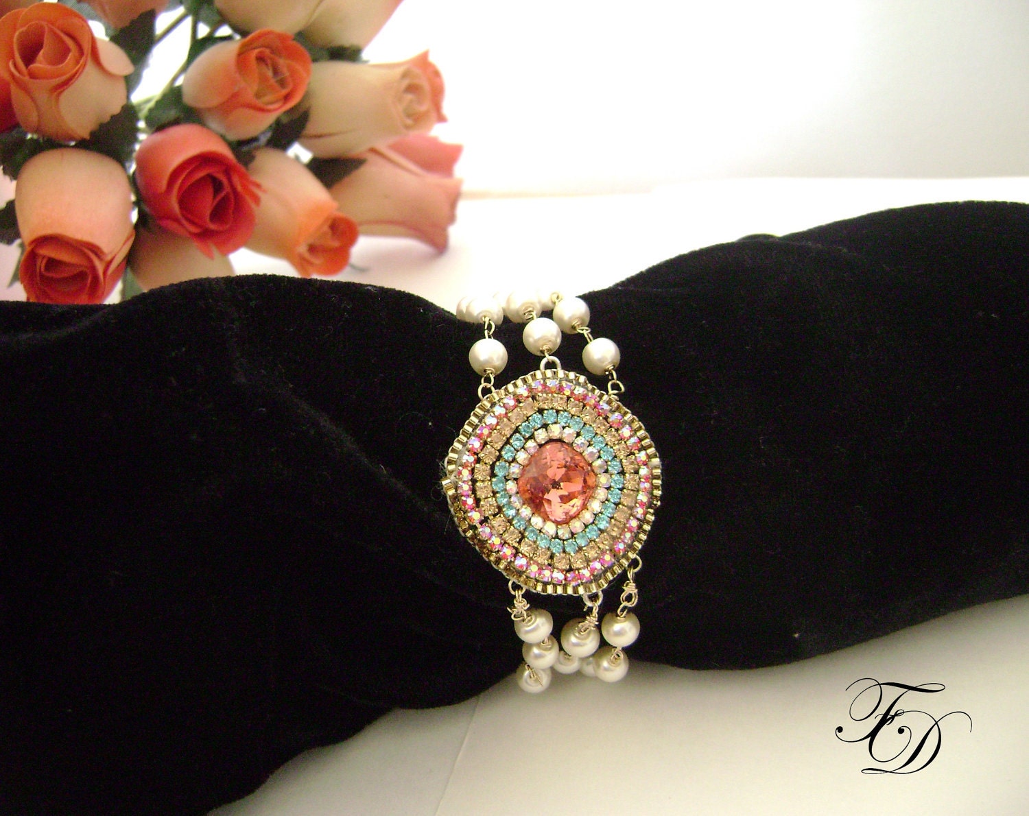 Vintage inspired Wire wrapped Bracelet,Bead embroidery statement Bracelet,18K gold bracelet,Swarovski and pearls