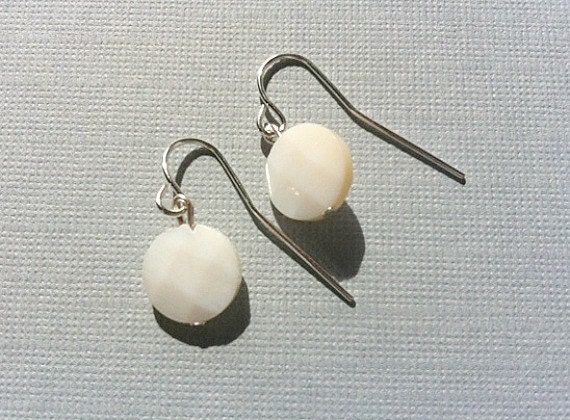 Ivory Shell faceted Button Earrings Sterling Silver Under 25