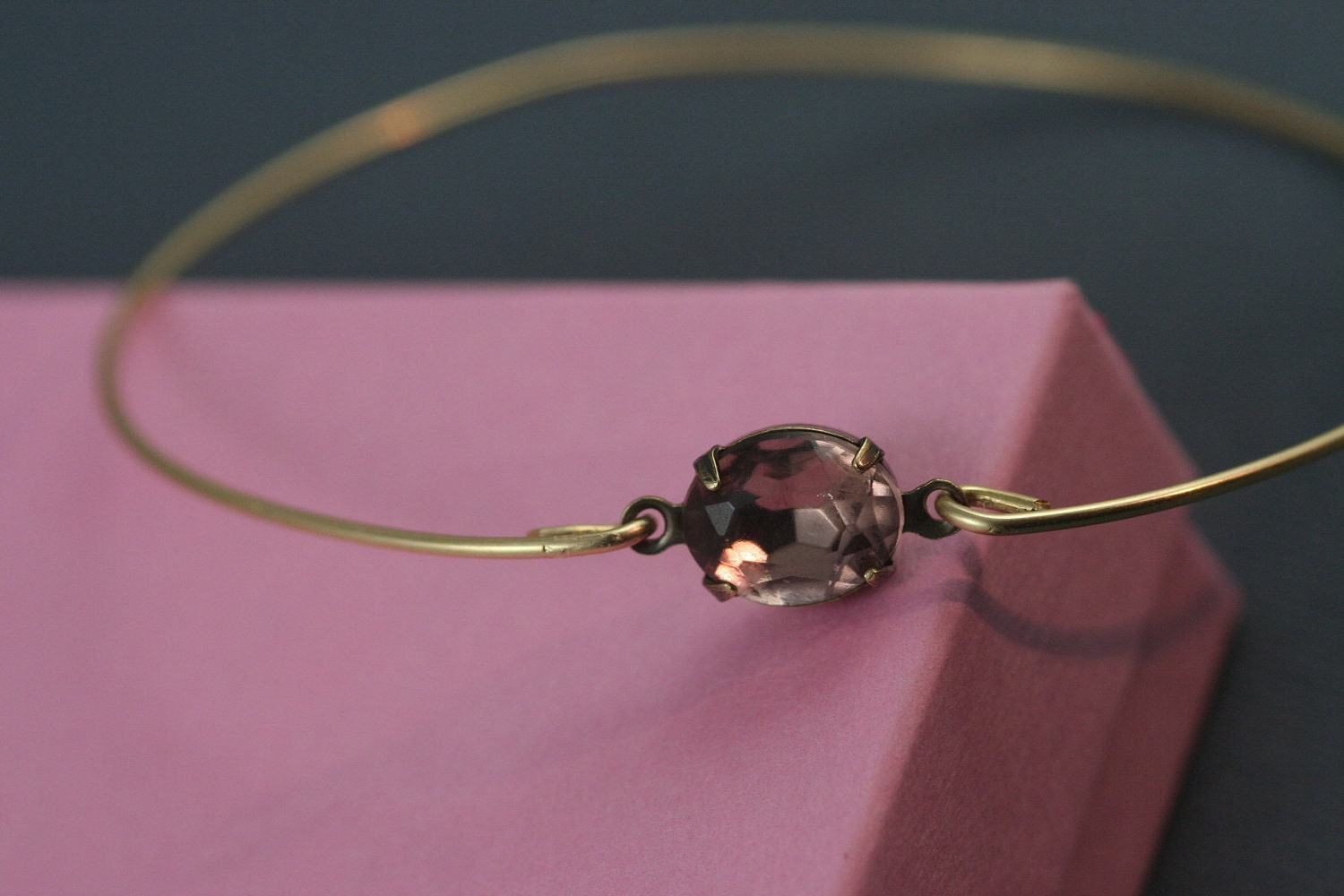 Single stone  Smokey topaz vintage glass  gold modern  bangle