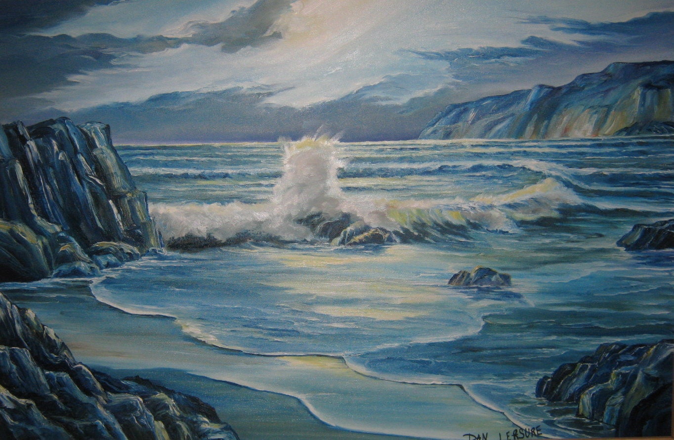 Pacific Splendor, Ocean Art, Moonlit Blue Night, Majestic Ocean, Framed 36 x 24 in. Dan Leasure Oil