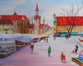 Rosies Germany,Around The World Art, German Market, Memory Art, Dan Leasure Oil 25 x 19in.